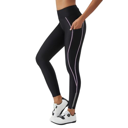 Women's Cycling Pants Padded Compression Bike Tights Long Bicycle Spinning Leggings with Pockets(Lilacline,L)