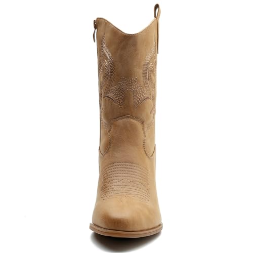 Image of GLOBALWIN Women's Mid Calf The Western Cowgirl Boots Fashion Cowboy Boots For Women Chunky Low Heel