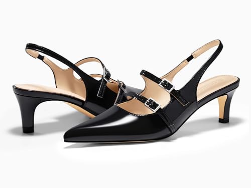 Image of Coutgo Womens Slingback Kitten Heels Mary Jane Pumps Closed Pointed Toe Buckle Strap Wedding Dress Shoes