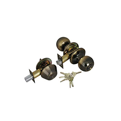 Grip Tight Tools ED04C (Antique Brass) Combo Entry Lock Set Door Knob and Single Cylinder Deadbolt Alike: SC1 Keyway with 6 Keys Included, Set of 1