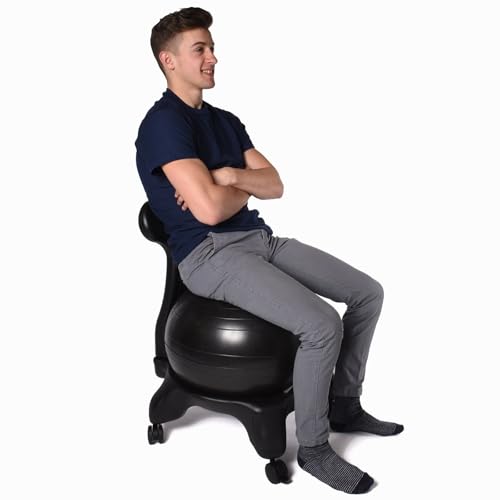 RENLXFI Medicine Ball Office Chair for Adults/Tall Person/Pregnancy, Inflatable Balance Ball Chair Exercise Stability Yoga Ball with Roller Base, Students Classroom Sensory Ball Chairs, Black