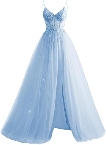 Sophisticated Tulle Sequin Prom Dresses V Neck Spaghetti Straps Long Ball Gown with Slit