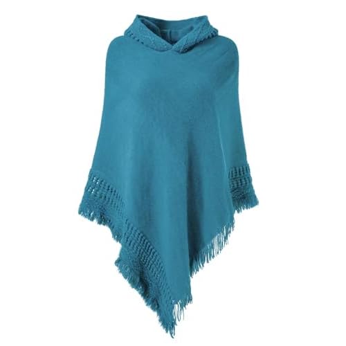 Ferand Ladies' Hooded Cape with Fringed Hem, Crochet Poncho Knitting Patterns for Women One Size French Blue