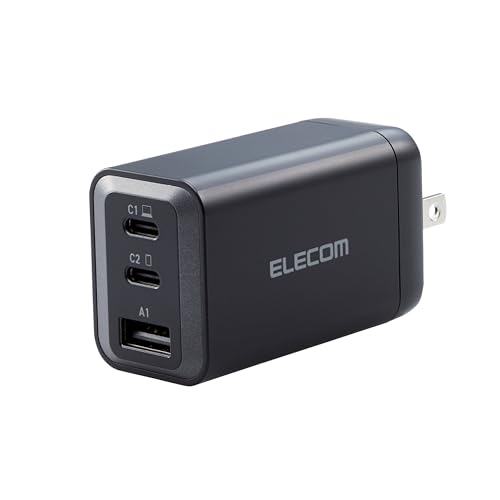 ELECOM 65W USB C Wall Charger Block, 3 Multi Port GaN II Smart PD, Ultra-Fast Charging, Compact Power Adapter for Multiple Devices, Laptops, Tablets, iPhone, iPad, Watch, Speakers, Airpods - Black