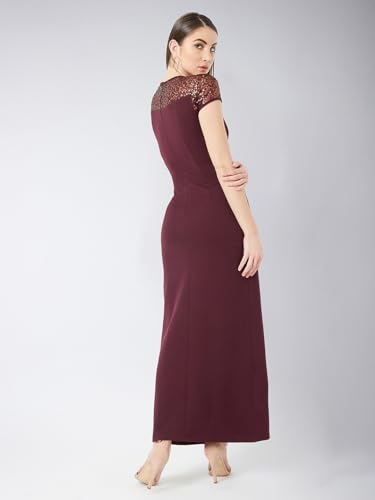 Image of Miss Chase Women's Round Neck Sleeve Embellished Fit Flare Maxi Dress