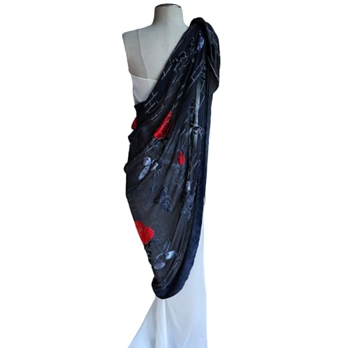 JennyJames Silk Base Burn-out Velvet Half Circle Wrap/Shawl,72"x42", Rose, Red on Black4