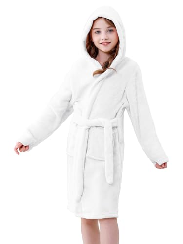 QZH.DUAO Girls Fleece Hooded Robes, Soft and Fuzzy Bathrobe Sleepwear for Girls Ages 4-12