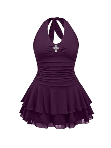 Image of BEAUDRM Women's Y2k Goth Mini Dress Grunge Punk V Neck Tie Back Halter Short Dresses Gothic Halloween Costumes