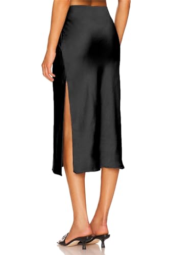 BOMAROLAN Women's Satin Midi Skirt High Waist Solid Silky Skirts for Women Elasticized Waistband A-Line Slit Midi Skirts3