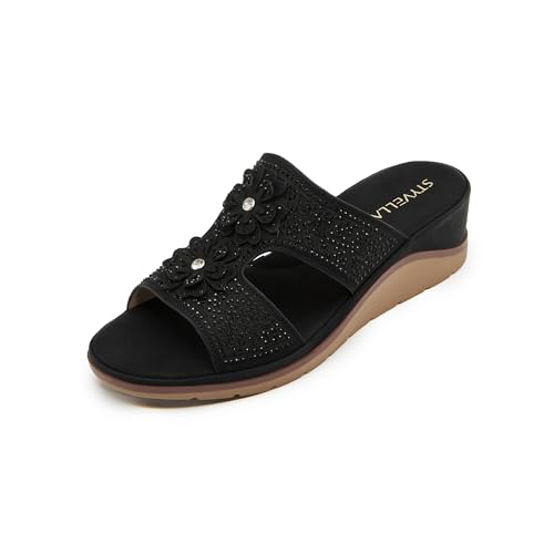 Image of Rhinestone Wedge Sandals for Women, Slip On Open Toe Double Strap Platform