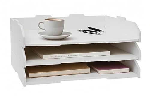 YFS 3-Tier Paper Letter Tray, Desk File Organizer, A3 Stackable Organizer for Office Supplies, Small PaperTrays, for Office Supplies,Desk Accessories & Workspace,Black (A3,White,Horizontal,3 Tier)
