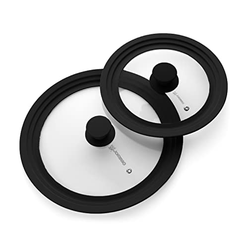 Universal Silicone Glass Lid Set for Pots Pans & Skillet Size 7, 7.5, 8, 8.5, 9, 9.5,10, 10.5,11 & 11.5\" Inches, Tempered Glass Lid with Steam Vent & Cool-Touch Handle (Pack of Two - Black)
