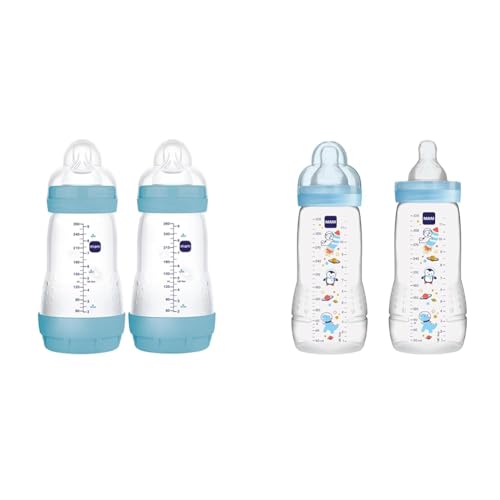 Image of MAM Easy Start Matte Anti-Colic Baby Bottles, Medium Flow Nipples, 9 oz (2 Count) & MAM Easy Active Baby Bottles, Fast Flow, 11 oz (2 Count) Bundle for Baby Boy