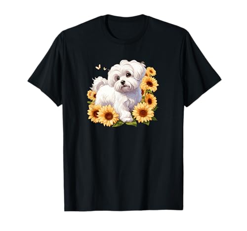 Womens Girls Cute Sun Flowers Maltese Lover T-Shirt