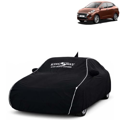 Image of KINGSWAY Super Waterproof Car Cover Only with Hyundai Aura (Year 2020 to 2022 - All Model) | Mirror and Antenna Pockets | All Weather Car Body Cover with Silver Piping | Black