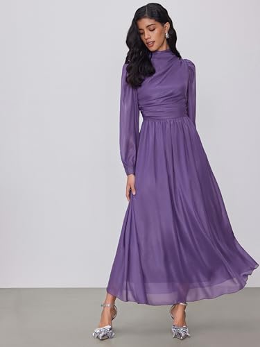 CIDER Long Sleeve Elegant Maxi Ruched Puff Sleeve Mandarin Neckline Formal Women Dress Mid Waist2