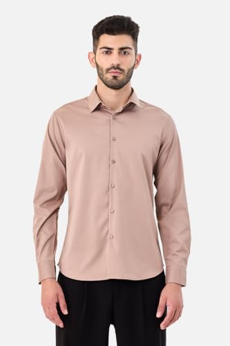Image of SNITCH Men Formal Shirt | Tailored Slim Fit Full Sleeve Spread Collar Solid Style | Breathable Polyester Viscose Blend Twill Fabric for Office & Evening