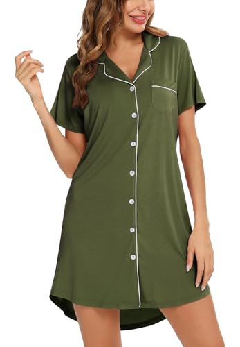 Image of Samring Pajama Nightgown for Women Short Sleeve Button Down Boyfriend Night Gown Nightdress Sleep Shirts