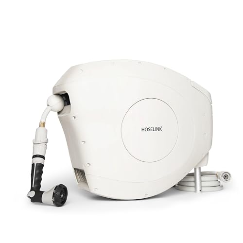 HOSELINK Beige 50ft Hi-Flow Automatic Retractable Garden Hose Reel, 9/16”, 8-Pattern Spray Nozzle, UV-Stabilized Kink-Free Hose, Wall Mounted Complete Watering Solution for Backyard, Garden & Outdoor
