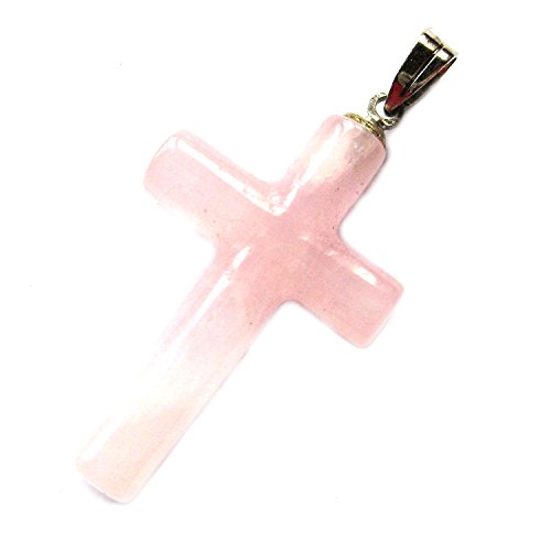 Colgante de cruz redonda de cuarzo rosa, 2 x 3 cm con ojal.