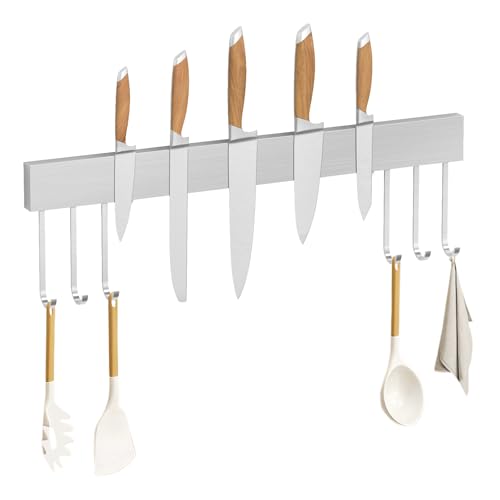 SMART&COOL Magnetic Knife Holder for Wall with 6 Hooks - 40CM Stainless Steel Knife Magnetic Strip, Extra Strong Rack for Knives, Kitchen Utensils and Tools