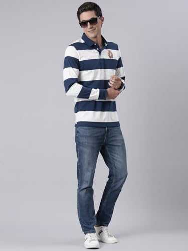 Image of Classic Polo Men's Full Sleeve Navy /Off-White Polo Neck Slim Fit Colorblock Cotton T-Shirt