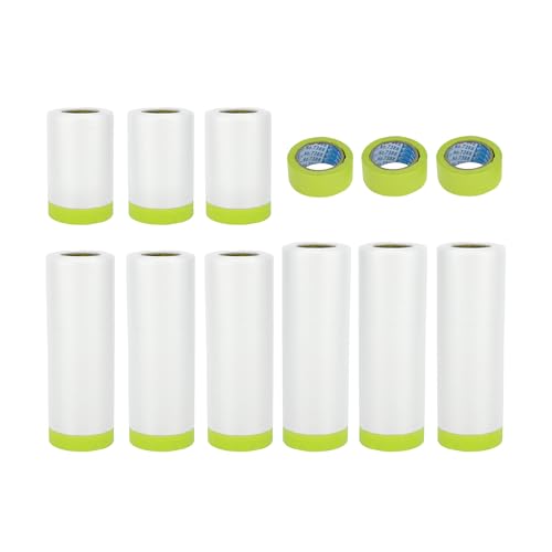 Image of ACROPIX Masking Paper with Tape Pre-Taped Paper Film Kit with 3 Rolls of Tape 2000x55cm / 65.62ftx21.65 inch White Green PE Film Paper