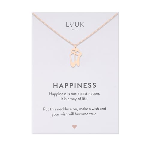 LUUK LIFESTYLE Collier femme avec pendentif chaussons de ballet carte HAPPINESS en acier inoxydable (50 cm), idée cadeau pour elle, anniversaire, Noël, porte...