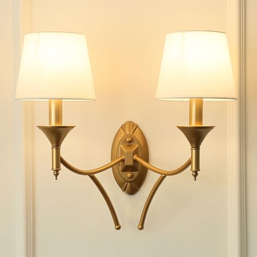 Image of Prettiee Retro 2-Light E14 Wall Mounted Lamp with Textile Shade for Indoor Use in Bedroom/Living Room (White)