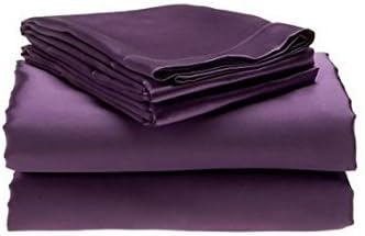 Grand Linen Juego de sábanas de satén Charmeuse suave y sedoso de 4 piezas, tamaño matrimonial, color morado liso, fundas de almohada, con bolsillos