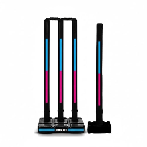 Image of Bodyfit Heavy Cricket Stumps | PVC Wickets Set with 4 Stumps + 2 Bails + 2 Stands | Full Size Wickets for Cricket Ground, Tournament Wicket. (Black-BluePnk)
