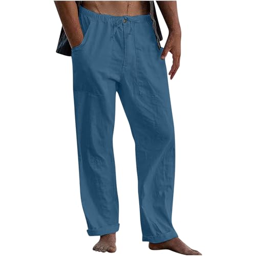 Men's Casual Cotton Linen Pants Drawstring Elastic Waist Beach Summer Pants Lightweight Breathable Trousers