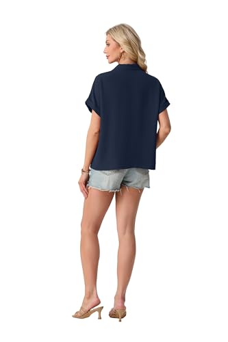 Mintreus Short Sleeve Button Up Women Shirts Cute Low Neck Summer Loose Tops for Women (Navy Blue-XL) — view 3