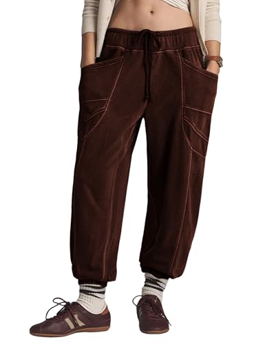 Yeokou Womens Jogger Pants Baggy Sweatpants Athletic Lounge Contrast Stitching Drawstring Trousers with Pockets(Coffee-XS)
