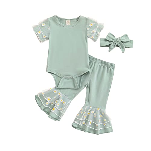 Madjtlqy Baby Girls Bell Bottoms 3Pcs Daisy Outfits Mesh Patchwork Playsuit Flared Pants Headband