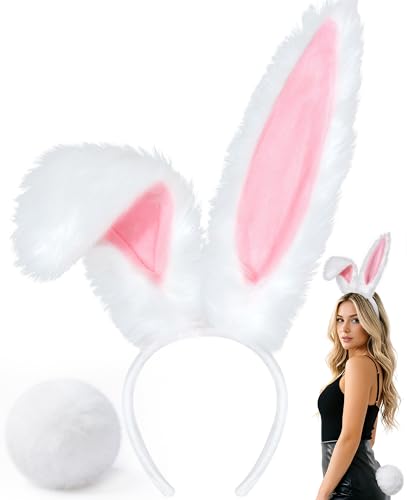 U-Goforst Bunny Ears Headbands and Tail Bunny Costume Long Furry Rabbit Ear Headband Halloween Party Cosplay White Bunny Ears Costume Hair Accessories for Adult Women