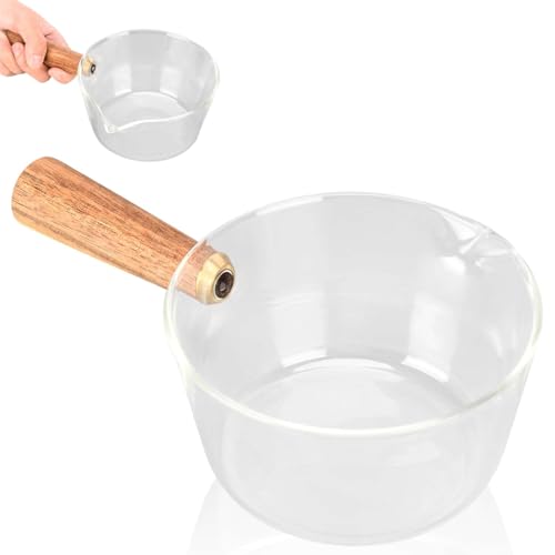 Jug de lait en verre, casserole en verre, casserole transparente, casseroles en verre avec poignée en bois, nouilles en forme de V, casseroles à lait...