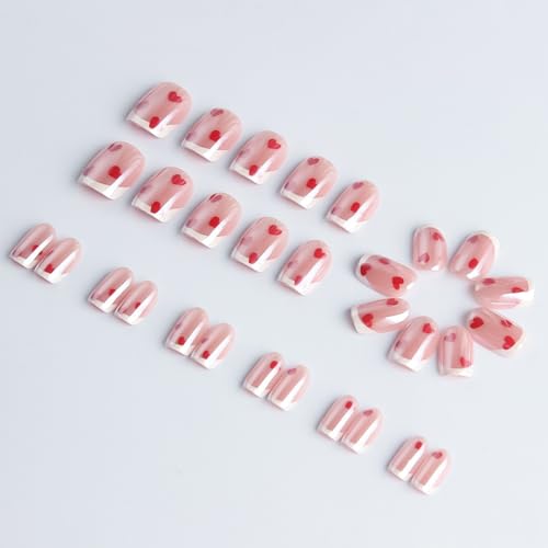 Image of White French Tip Press on Nails Heart Fake Nails Short Square False Nail Press ons Chrome with Design Reusable Glossy Full Cover Stick on Nail for Women Girls Manicure 24Pcs