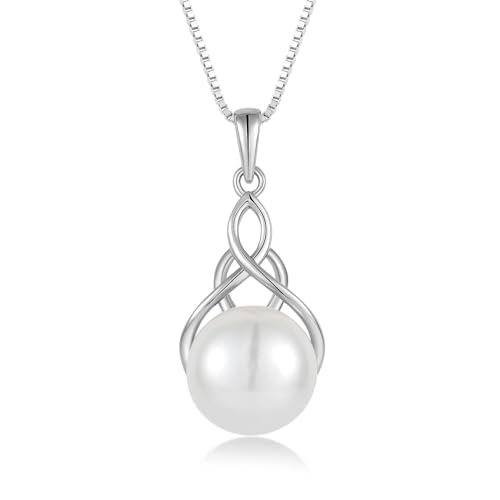 Celtic Infinity Pearl Pendant Necklace for Women, 925 Sterling Silver Good Luck Irish Pendant with 10MM Freshwater Cultured Pearl, 14K White/Yellow/Rose Gold Plated Jewelry Gift