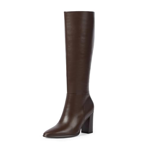 Easyfox Chocolate Brown Knee High Boots for Women 2025 Fall Tall Boots Pointed Toe Chunky Heel Faux...