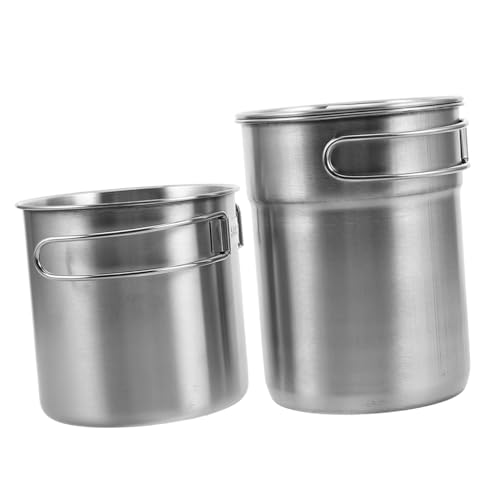 Mikikit Stainless Steel Camping Pot 2-piece Cup Set Folding Handles Easy to Clean for Outdoor Use