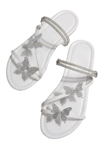 Image of OYOANGLE Women's Silver Rhinestone Sandals Sparkly Dressy Flat Sandals