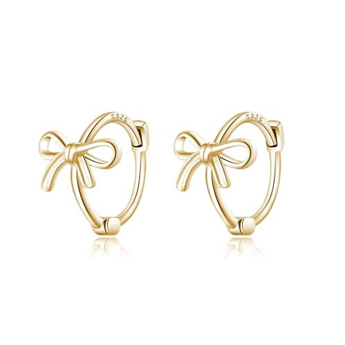 Reffeer Solid 925 Sterling Silver Bow Hoop Earrings Ribbon for Women Teen Girls Bowknot Hoop Earrings Huggie