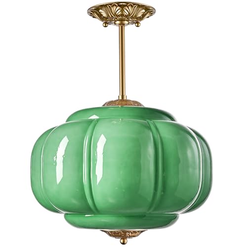 Vintage Milk Glass Ceiling Light Fixture, Antique Green Semi Flush
