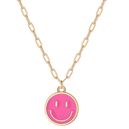 Smile Pendant Necklace Smile Face Chain Necklace Paperclip Necklace Cute Round Pendant Necklace Preppy Jewelry for Women Girls