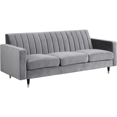 Meridian Furniture Lola Collection Modern | Contemporary Velvet Upholstered Sofa with Gold Tipped Black Legs and Channel Tufted Design, 85" W x 35" D x 33.5" H, Gray