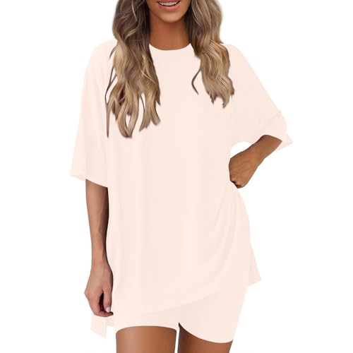 Women's 2 Piece Lounge Sets Summer Casual Oversized Split Short Sleeve Shirts Biker Shorts Matching Travel Outfits