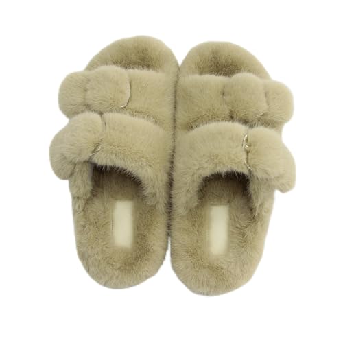 fuzzy slippers for women open-toe Faux fur slides Double strap Adjustable buckle home fluffy sandals for women indoor and outdoor Plush shoes