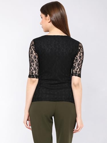 Image of Miss Chase Women's Round Neck Half Sleeves Cotton Lace and Pearl Detailing