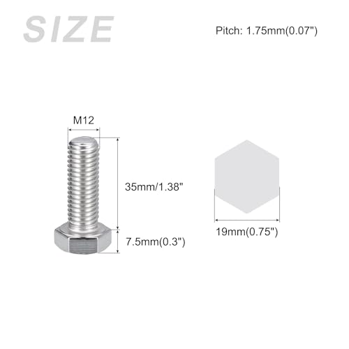 Image of METALLIXITY Hex Bolts (M12-1.75x35mm) 6Pcs, 304 Stainless Steel Coarse Fully Threaded Hex Head Screw Bolt Machine Screws - for Furniture Repair, Silver